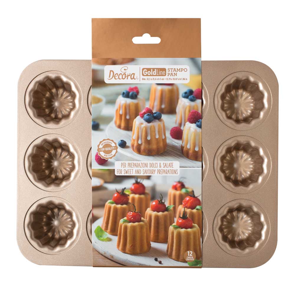Forma metalica antiaderenta pentru cannele roz gold, 12 cavitati, ø 5,5 x 4,5 h cm, 0070104 DER