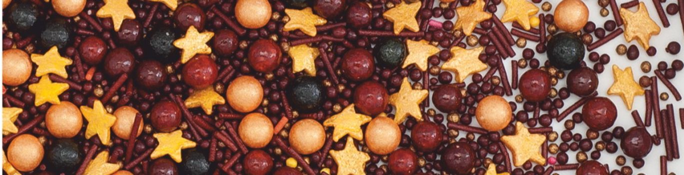 Decoratiuni din zahar mix: stelute/perle/bastoane, - cafenii/aurii/verzi, 100g 71488 GPR