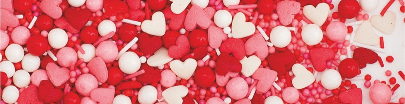 Decoratiuni din zahar mix: inimioare/perle/bastonase - rosii/alb/roz, 100g 71511 GPR