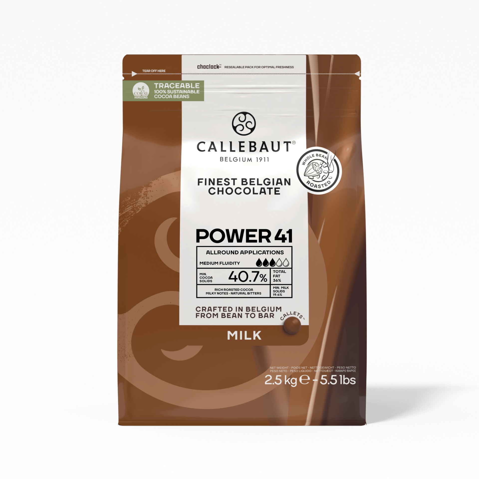 Ciocolata cu lapte 40,7% POWER-41, 841-E4-U71, punga 2,5 Kg Callebaut