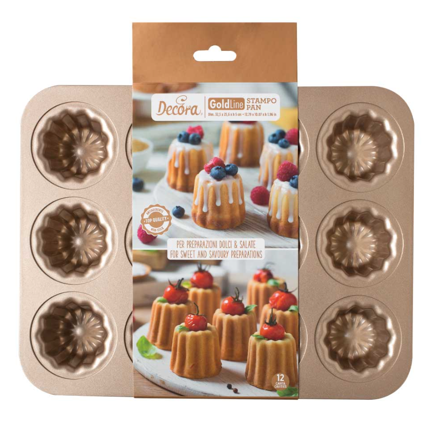 Forma metalica antiaderenta pentru cannele roz gold, 12 cavitati, ø 5,5 x 4,5 h cm, 0070104 DER