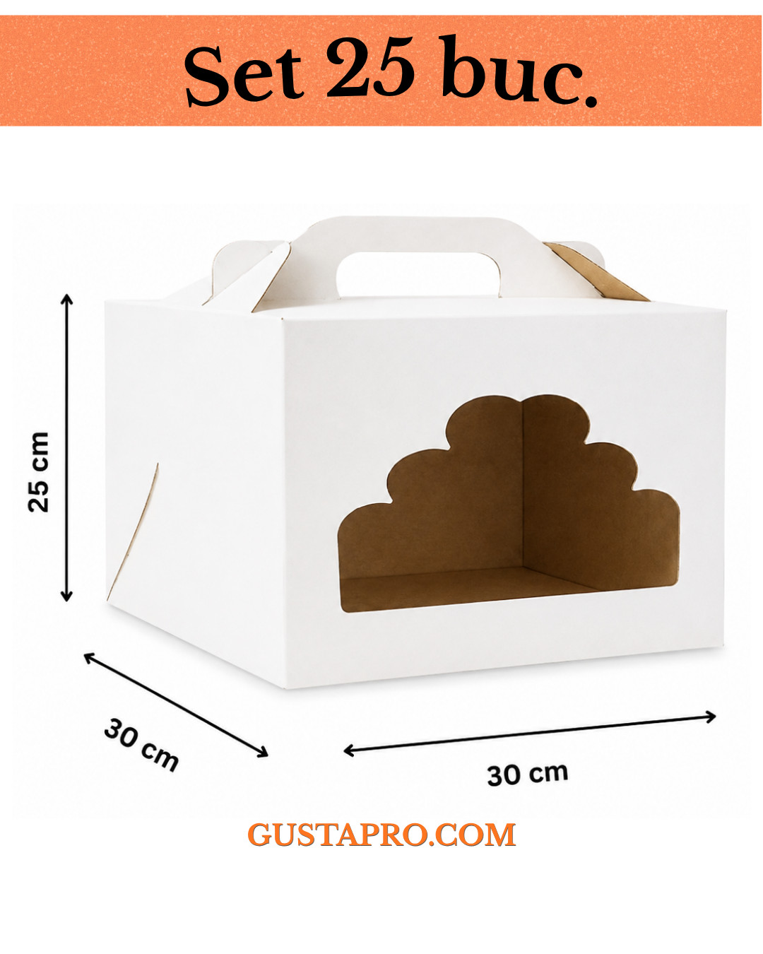 Cutie pentru tort alb/kraft cu fereastra 30x30x25 cm, set 25buc GustaPro