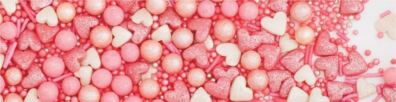 Decoratiuni din zahar mix: inimioare/perle/bastoane - roz deschis perlat, 100g 71484 GPR