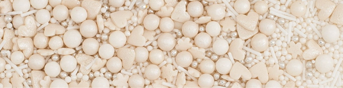 Decoratiuni din zahar mix: perle/inimioare - albe perlate, 100g 71481 GPR